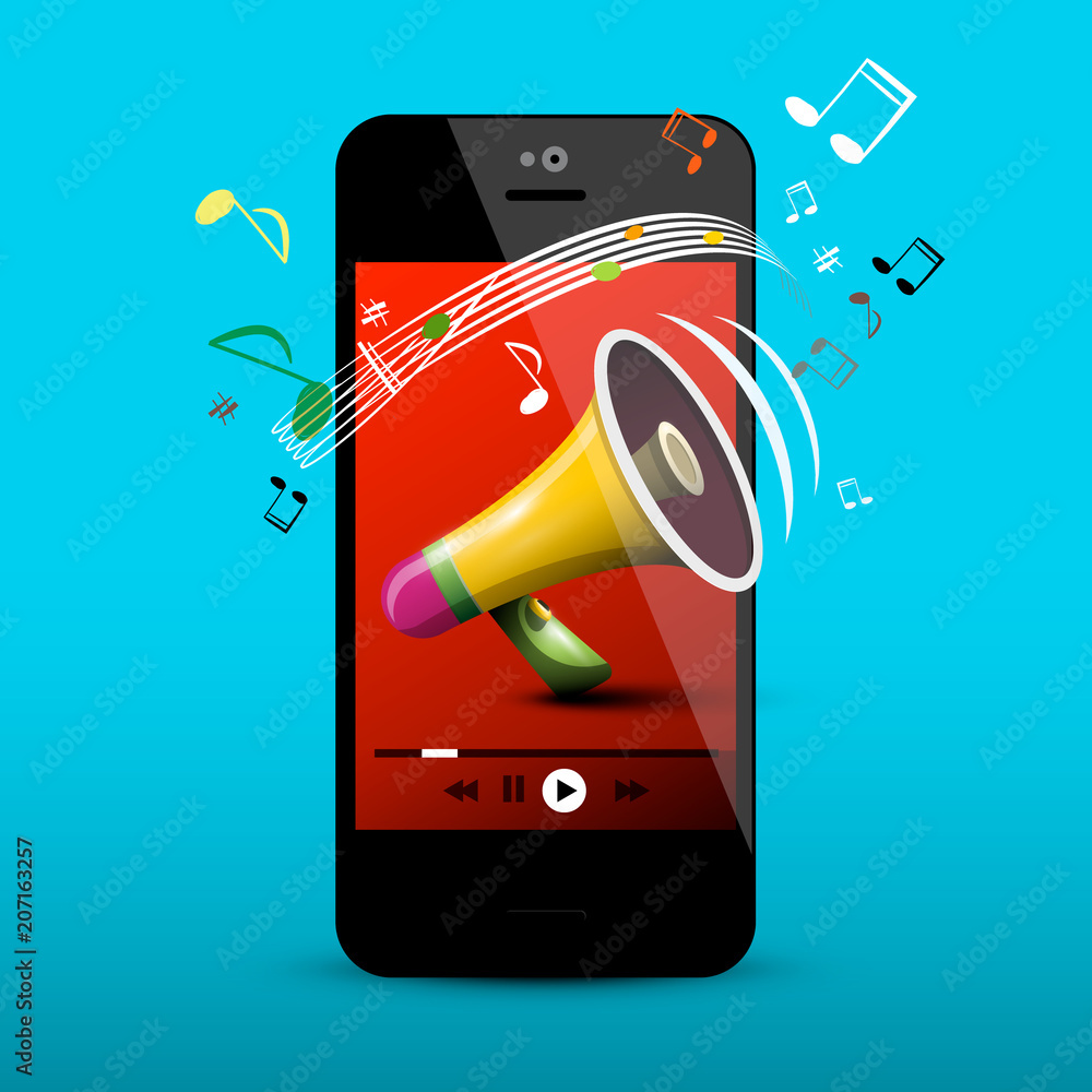 Poster megaphone on mobile phone screen. vector music player application. notes on cellphone.
