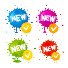 Colorful Splashes - New Labels. Vector Business Icons with Blots. Product Tags Isolated on White Background.