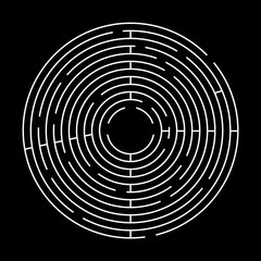 Circle Maze on Black Background. Top View Vector Labyrinth Concept.
