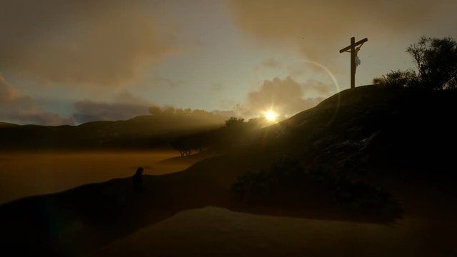 Christian woman praying at Jesus cross, sunrise, 4K