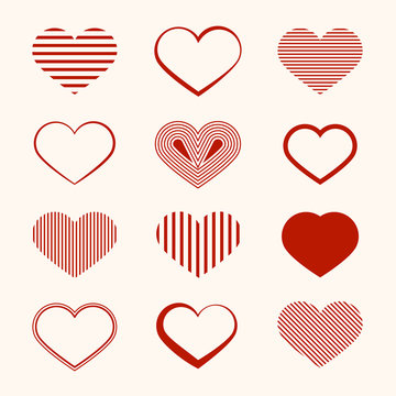 Heart Icon. Vector Flat Design Hearts Set Isolated on Light Background. Romance Symbol. Healthcare Icons.