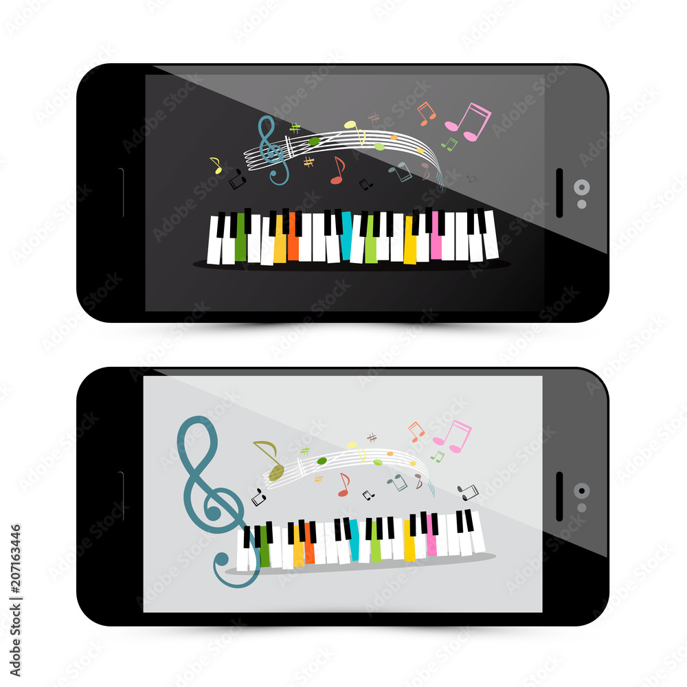 Poster music application with piano keyboard and notes on mobile phone screen - vector