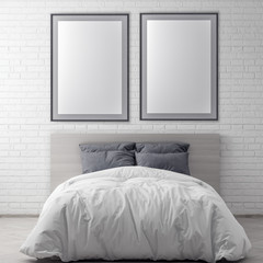 Mock up poster frame in bedroom interior background and brick wall, 3D illustration