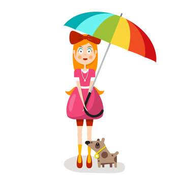 Woman in Pink Clothes with Parasol and Dog Isolated on White Background. Vector Young Pretty Girl Character.