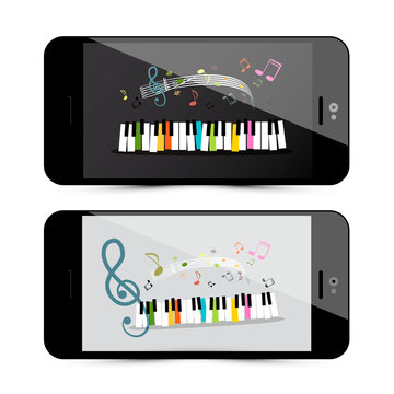 Music Application with Piano Keyboard and Notes on Mobile Phone Screen - Vector