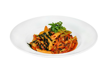 vegetarian pasta dish with vegetables isolated on white background