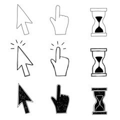 Vector illustration cursor, hand and hourglass. Mouse icons in sketch vector hand-drawn illustration.