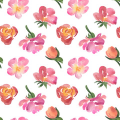 Seamless pattern of watercolor rose flowers, buds
