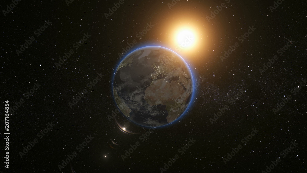 Wall mural space view on planet earth and sun star rotating on its axis in black universe. seamless loop with d