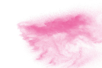 Pink powder explosion isolated on white background.