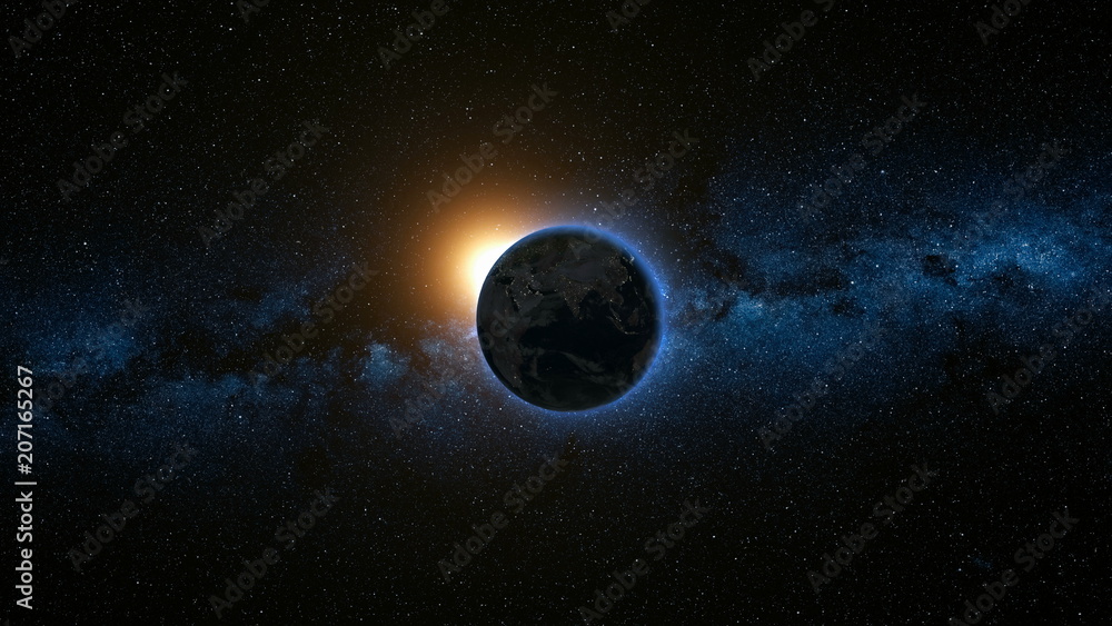 Canvas Prints space view on planet earth and sun star rotating on its axis in black universe. milky way in the bac