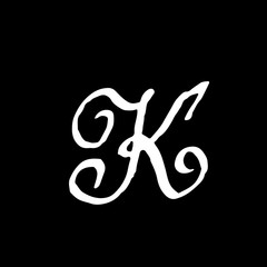 Letter K. Handwritten by dry brush. Rough strokes textured font. Vector illustration. Grunge style alphabet.