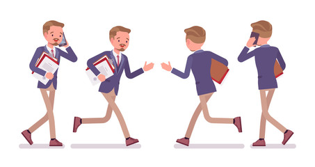 Male office secretary in a hurry at work