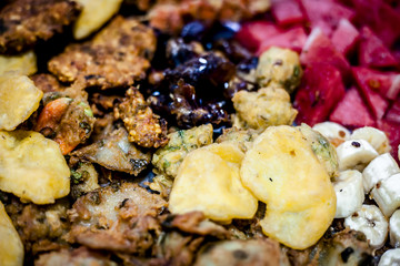Snacks and fruits with black and common dates with drinks and Halwa grass or china grass time for Iftaar or iftar. Iftar plate.