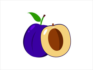 Fresh juicy plum isolated on a white background. Colorful half and whole plum with a leaf.