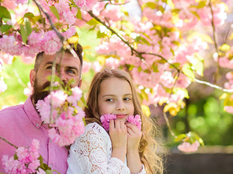 Childhood concept. Girl with dad near sakura flowers on spring day. Child and man with tender pink flowers in beard. Father and daughter on happy faces play with flowers, sakura background.
