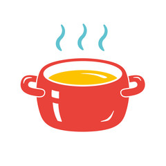Red cooking pot or tureen with hot food icon isolated. 