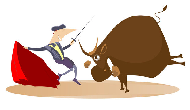 Cartoon bullfighter and angry bull illustration. Cartoon bullfighter with matador cape and sword and angry bull isolated on white illustration

