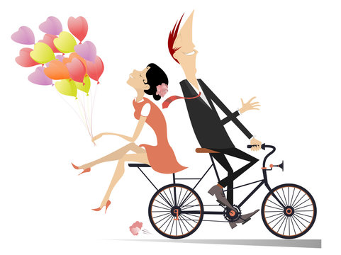 Smiling man and woman with many air balloons ride together on the bike and look happy isolated on white illustration