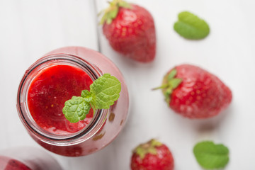Fruity cocktail or smoothies with fruit. Summer mood. Top view. Macro