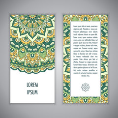 Greeting card or Invitation template with ethnic mandala ornament. Hand drawn vector illustration