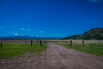 Fototapeta premium Outdoor view of wooden fence in a stoned highway leading to the Grand Teton National Park, Wyoming, in a gorgeous sunny day with mountains in the horizont