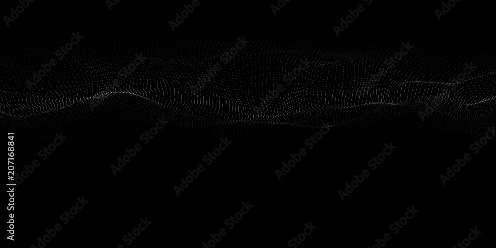 Poster Abstract particle wave on dark background. Vector 3d wave. Point wave.
