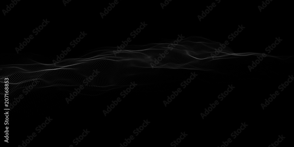 Poster Abstract particle wave on dark background. Vector 3d wave. Point wave.