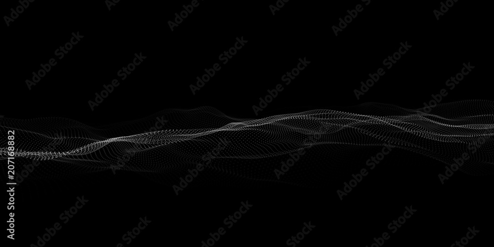 Poster Abstract particle wave on dark background. Vector 3d wave. Point wave.