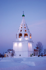 Tented bell tower of Bobrenev Monastery in dusk. Kolomna, Russia
