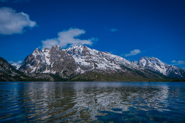 Grand Teton National Park, Wyoming, reflection of mountains on Jackson Lake near Yellowstone