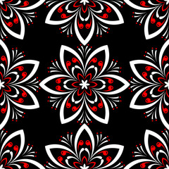 Floral seamless pattern. Black red white background