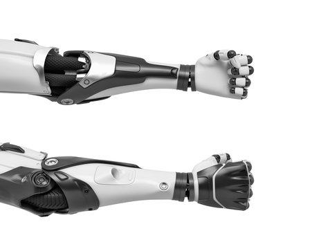 3d rendering of two robot arms with tight fists shown from front and back sides of the hand.