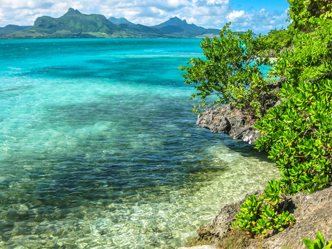 The tropical and transparent waters around the Ile aux Aigrettes, a small coral island declared a nature conservation site. During a boat trip. Mauritius, Indian Ocean.