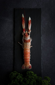 Overhead view of shrimp and parsley on wooden board
