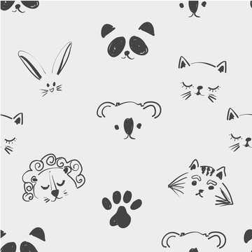 Seamless pattern of cute animal faces for t shirt, notebooks, card, fabric, fashion design. Trendy illustration tablet drawing freehand, imitation of children s drawings. Doodle art