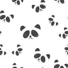 Fototapeta premium Line art graphic black and white panda head seamless pattern, cute panda fashion print, wrapping paper design