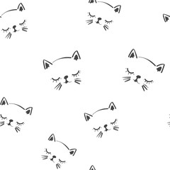 Line art graphic sleeping cat head seamless pattern, cute kitten fashion print, wrapping paper design