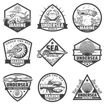 Vintage Monochrome Marine Animals Labels Set