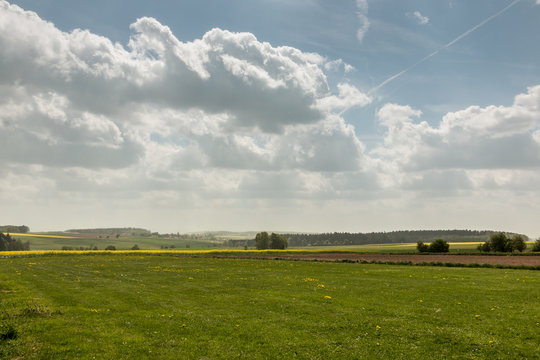 Big green meadows and fields of yellow rapeseed and the blue sky with clouds