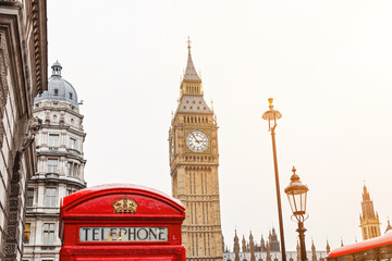 London symbols with BIG BEN and red PHONE BOOTHS in England, UK