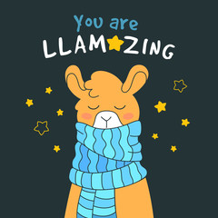 Cute llama drawing with lettering. You are amazing quote with lama. Fantasy animal card, t-shirt cute print.