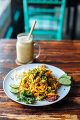 Healthy Vegetarian vegan menu Padthai noodle with smoke tofu and mixed vegetable - wheat...