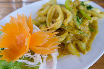 close up Fried Squid curry powder , soft focus