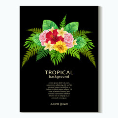 Vector colorful botanical vertical banner   with tropical leaves and flowers on dark  background.  Design for invitation card, wedding.