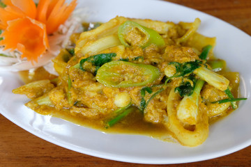 close up Fried Squid curry powder , soft focus
