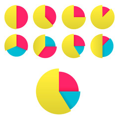 Pie charts, template with different divisions, yellow, red, blue.