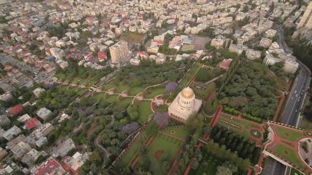 Haifa Bahai gardens aerial drone footage 4k