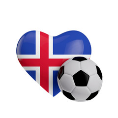 Iceland flag heart shape with a soccer ball. Love football. 3D Rendering