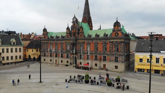 Aerial view of Stortorget Square - Malmo, Scania, landscape of Sweden from above, Scandinavia, Europe, 4k UHD